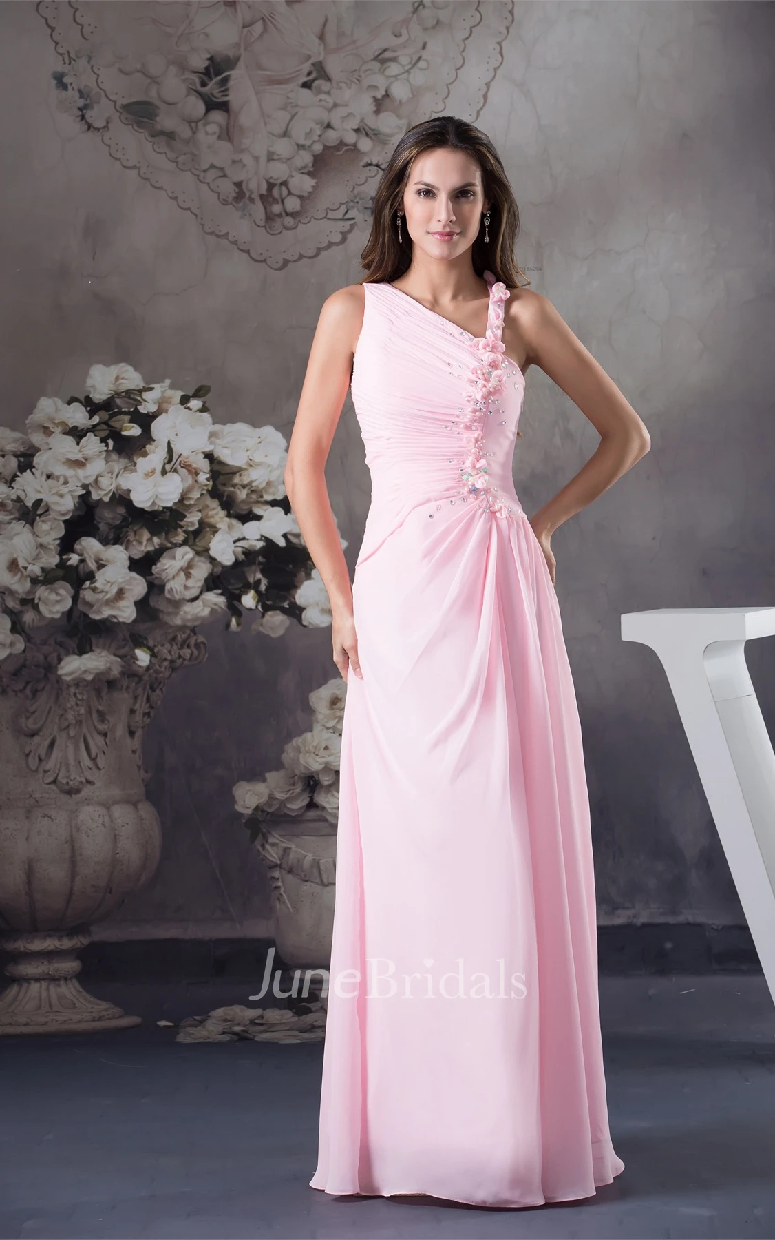 Pastel Sleeveless Ruched Chiffon Maxi Dress with Flower and Stress