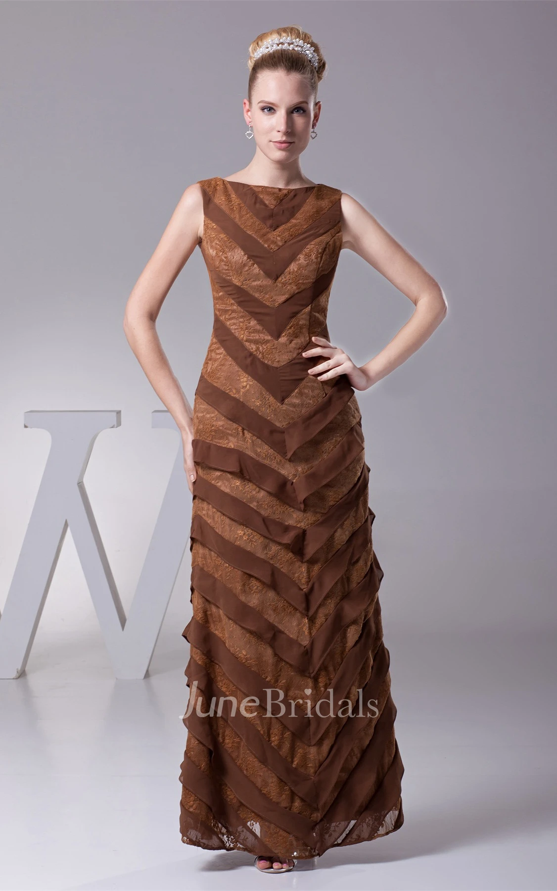 Bateau Sleeveless Tiered Chiffon Sheath Gown with Lace Embroidery