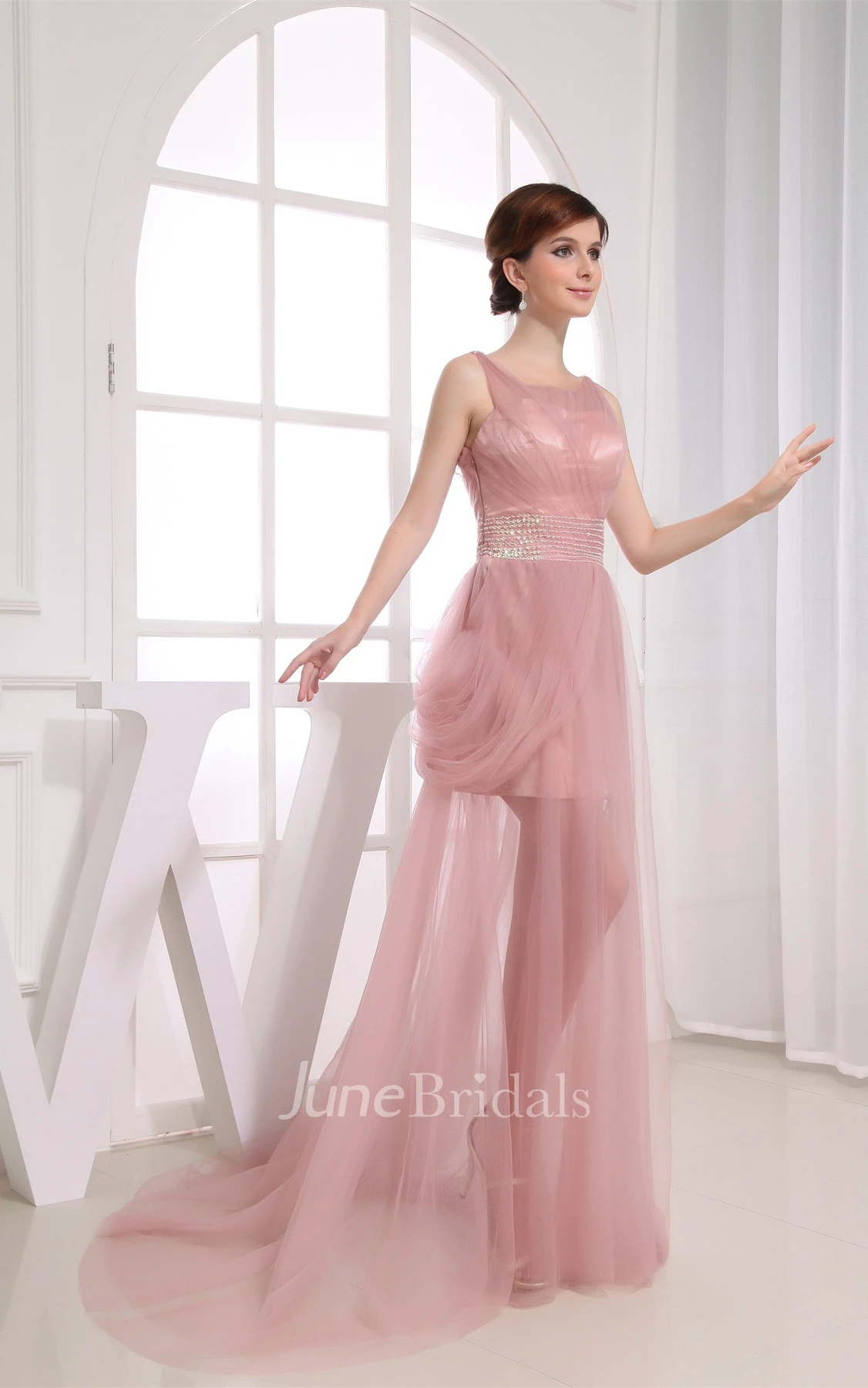 Sleeveless V-Neck Tulle A-Line Dress with Ruching and Beaded Waist