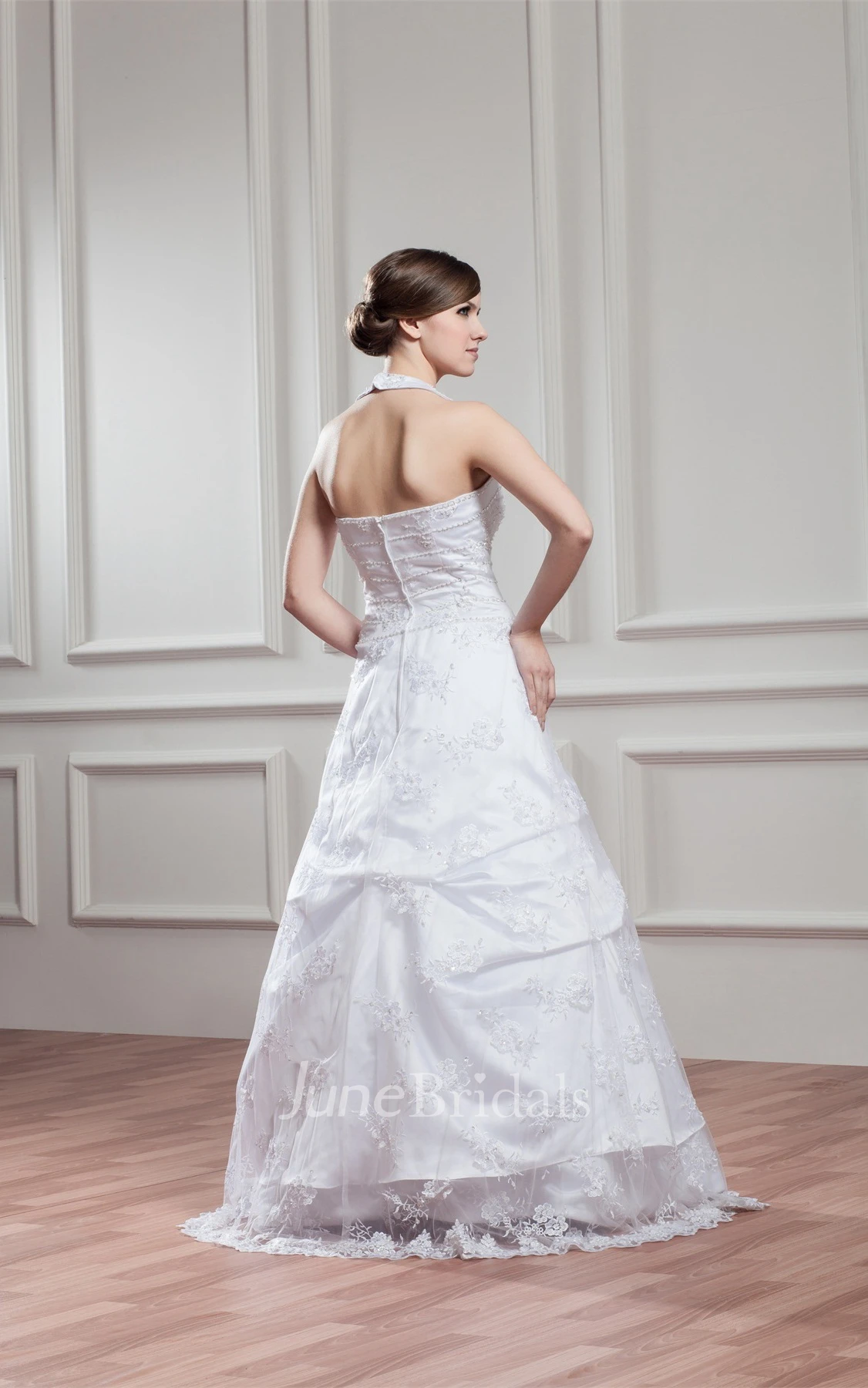 Sleeveless Appliqued A-Line Dress with Illusion and Halter