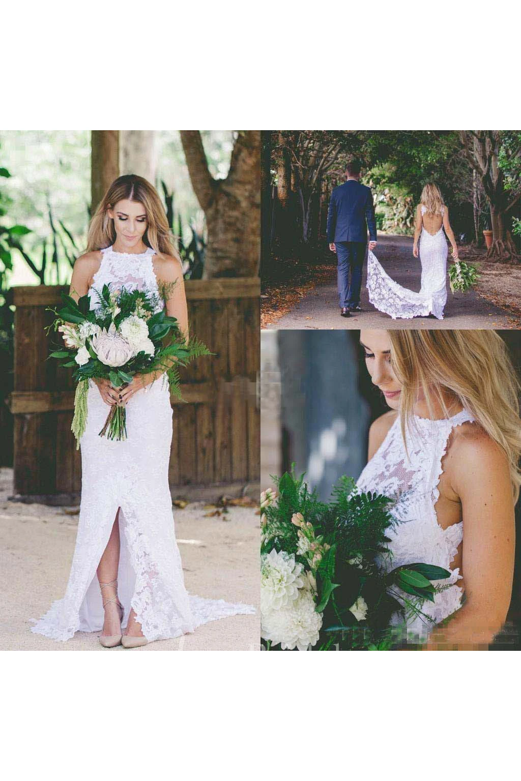 Sexy Bohemian High Neck Front Split Beach Simple Lace Backless Wedding Dress