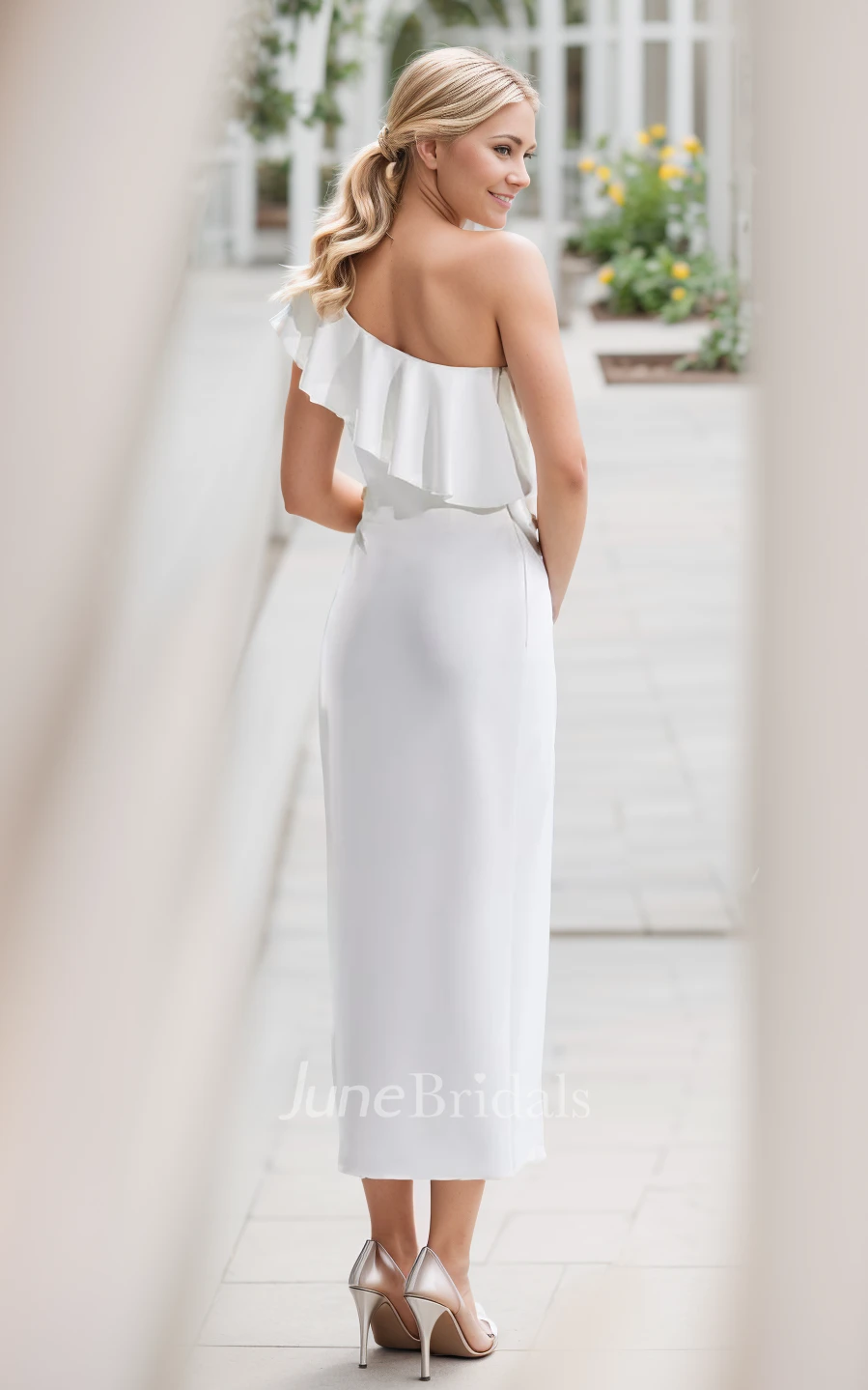 Sheath One-shoulder Sexy Modern Solid Petite Women Ankle-length Sleeveless  Backless Ruffles Split Front Wedding Bridal Dress - June Bridals