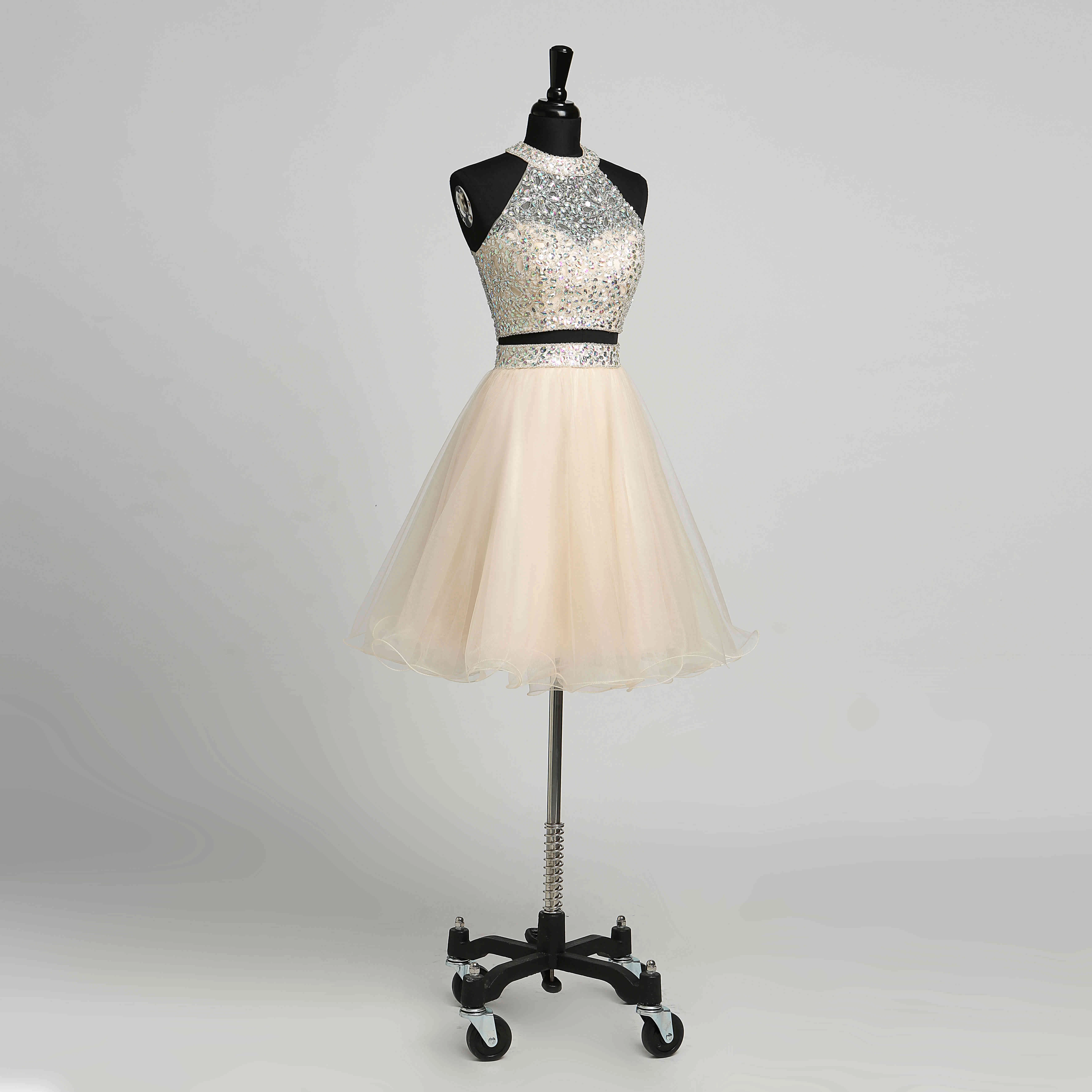 A-Line Halter Tulle Romantic Short Mini Sleeveless Keyhole Dress with Beading Sequins