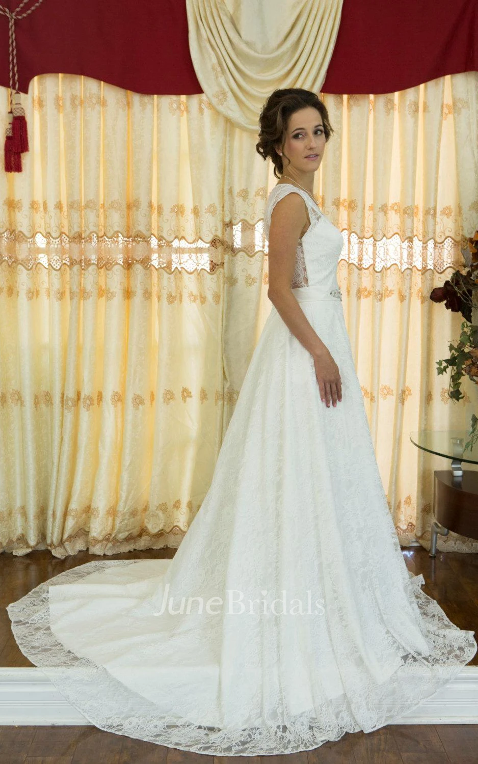 A-Line V-Neck Lace Sleeveless Dress With Pleats And Illusion Back