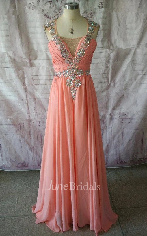 A-line Cap Sleeved Chiffon Dress With Beading And Keyhole Back