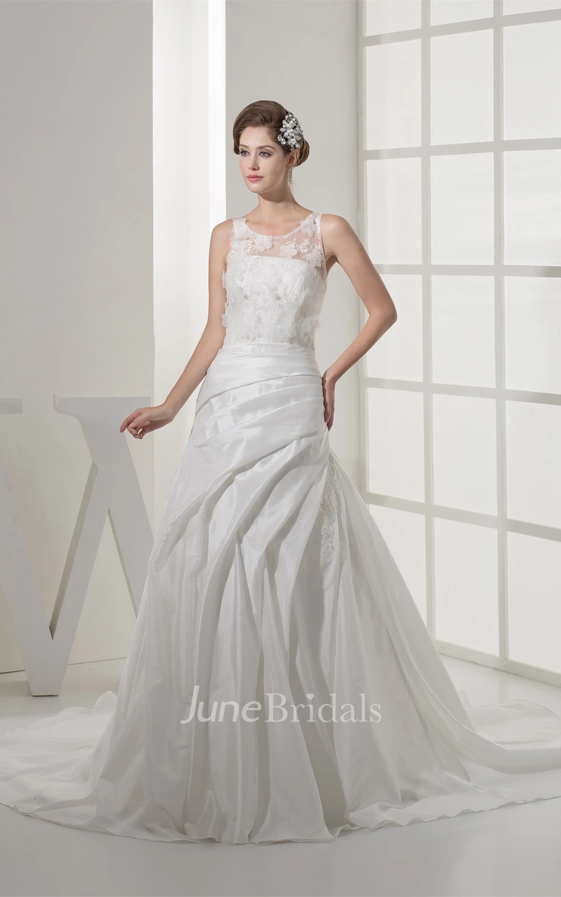 Floral Sleeveless A-Line Appliqued Gown with Draping and Illusion Neckline