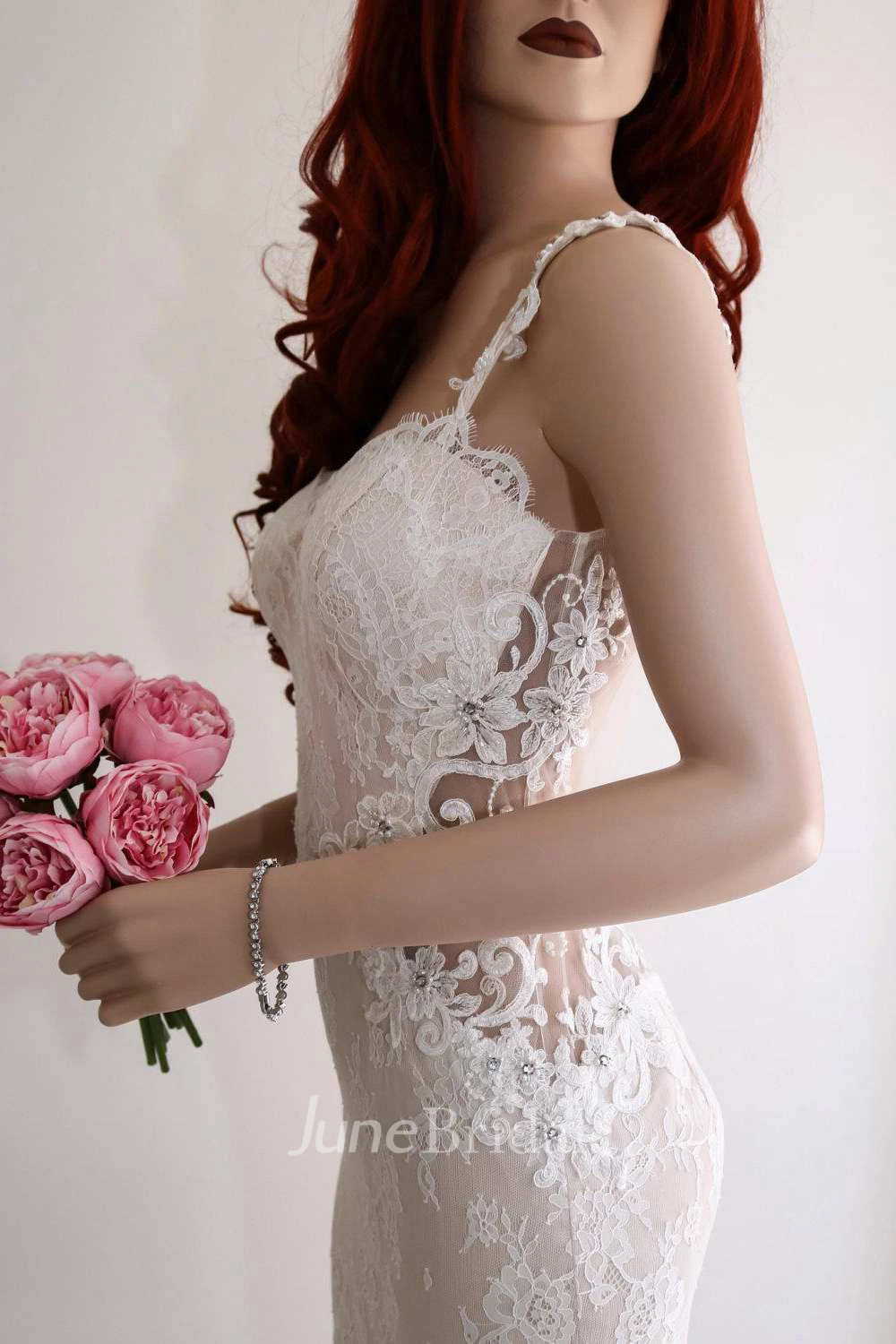 Illusion Sleeve Satin Lace Backless Wedding Dress