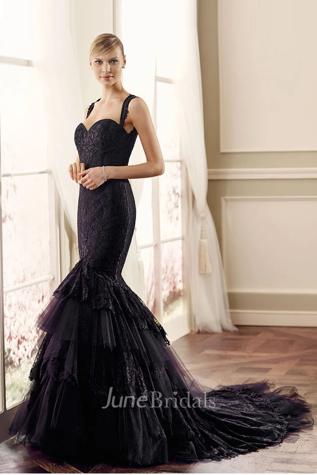 Trumpet Straps Sleeveless Tiered Floor-Length Lace Wedding Dress With Illusion Back And Appliques