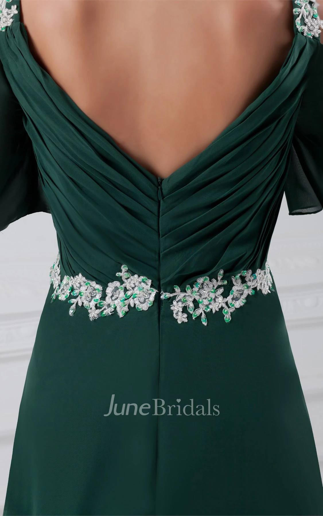 square-neck chiffon maxi ruched dress with appliqued waist