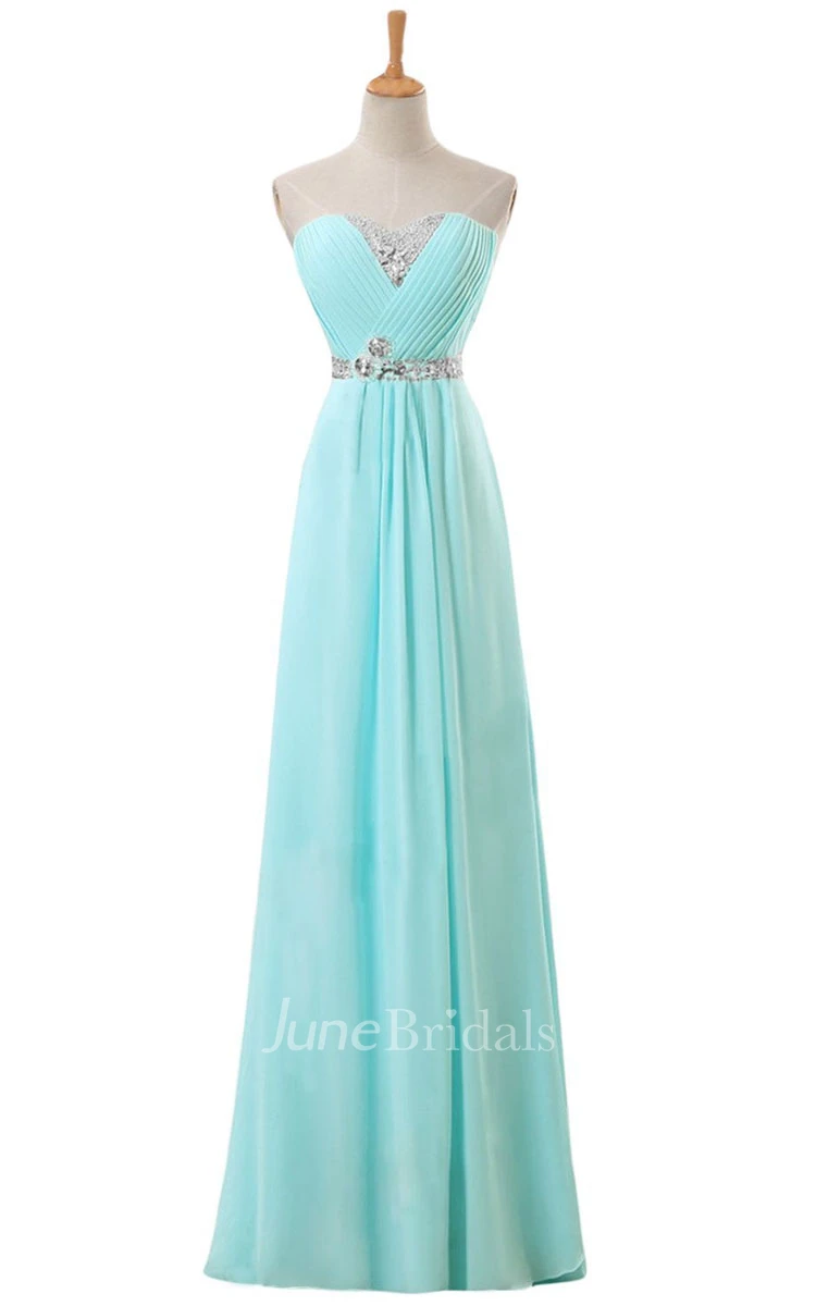 Sweetheart Rhinestoned Pleated A-line Gown With Zipper Back