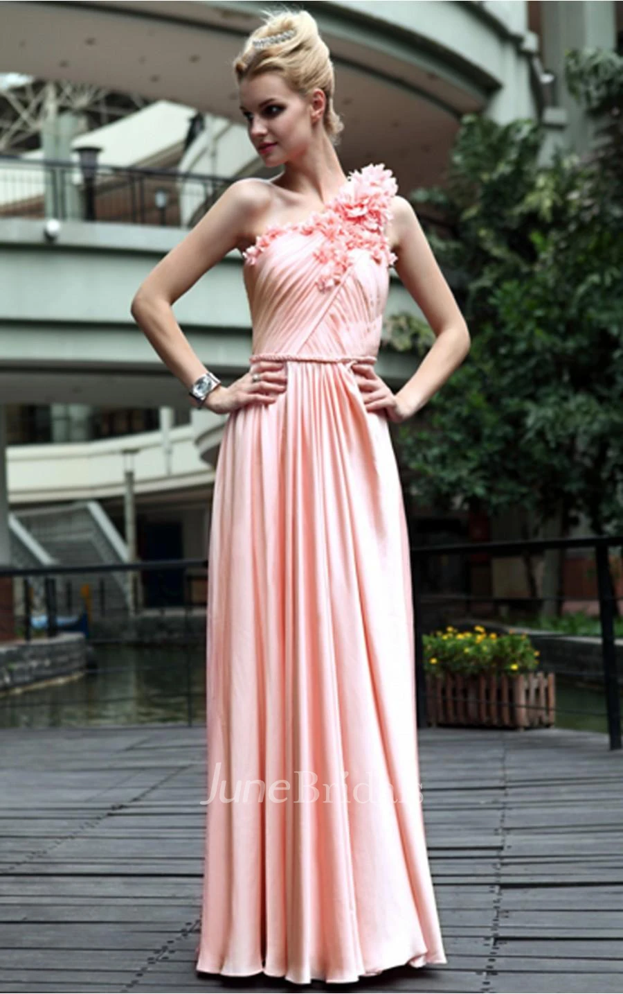 Pink A-line Floor-length One Shoulder Dress