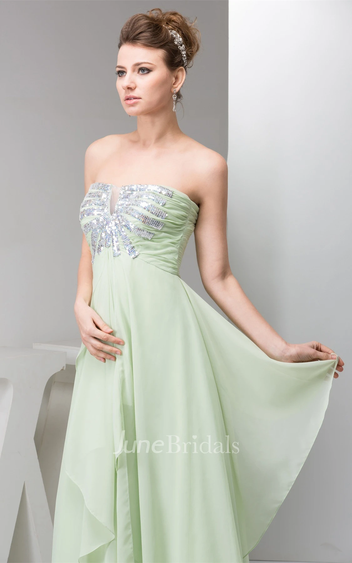 Strapless Empire Chiffon Maxi Dress with Draping and Sequined Top
