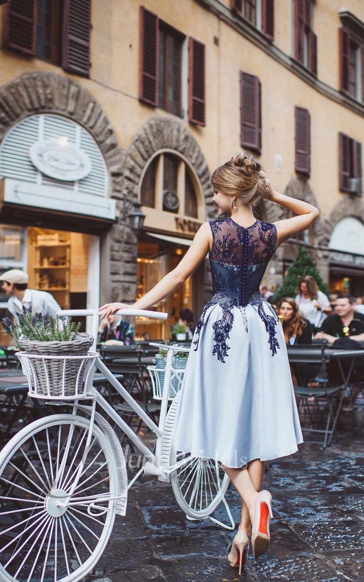 A-Line Knee-Length High-Neck Sleeveless Satin Appliques Beading Button Dress