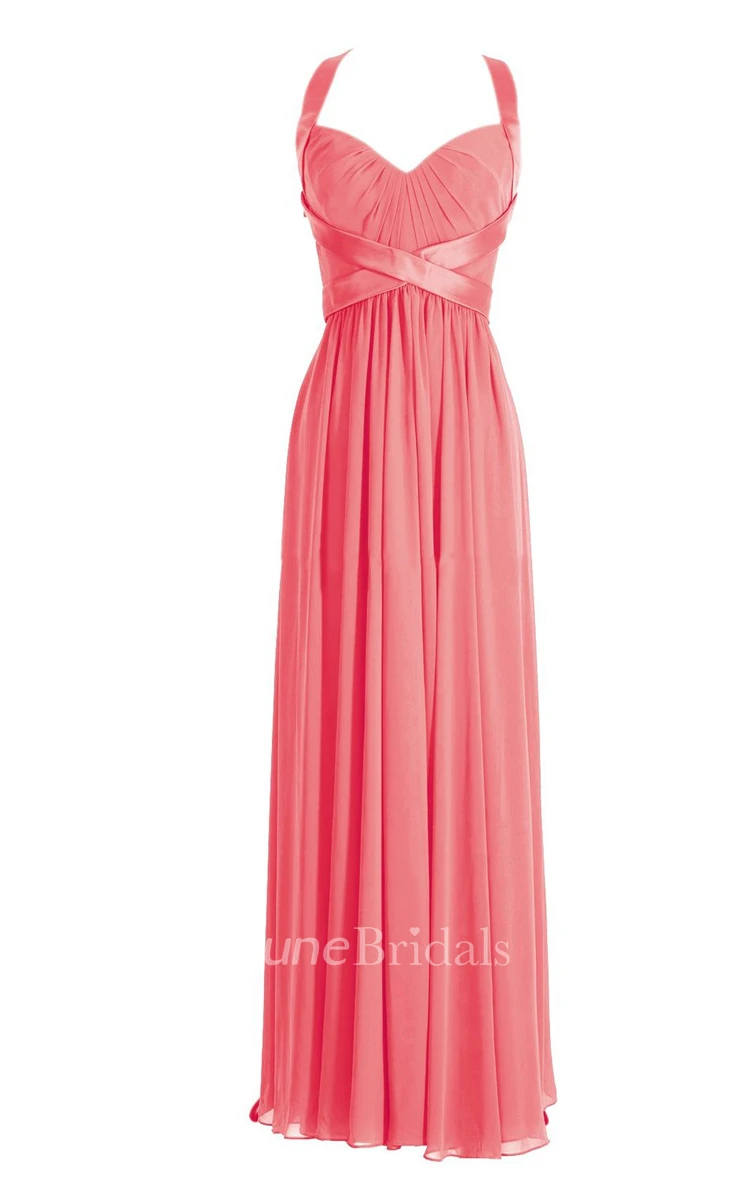 Halter Pleated Chiffon A-line Gown With Deep-v Back