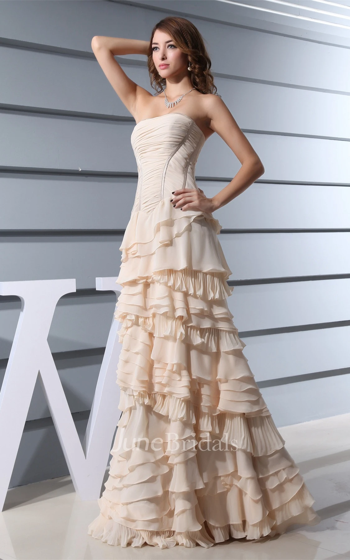 Strapless Ruched Chiffon A-Line Gown with Peplum and Tiers