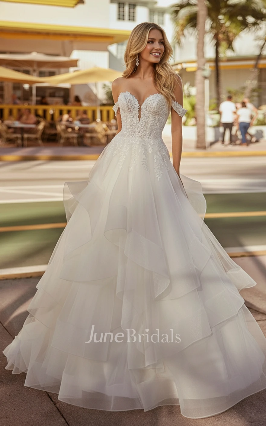 A Line Off Shoulder Lace Wedding Dress Sweetheart Neck Layered Tulle Applique Bridal Gown