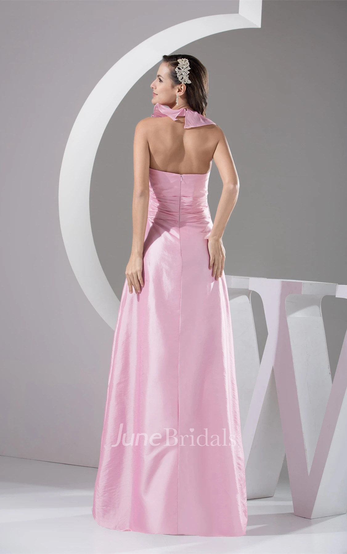 Plunged Sleeveless Satin A-Line Dress with Ruffled Halter