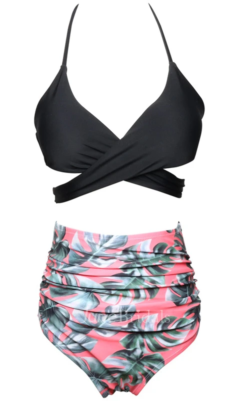 Floral and Plain Halter High Waist Bikini Set