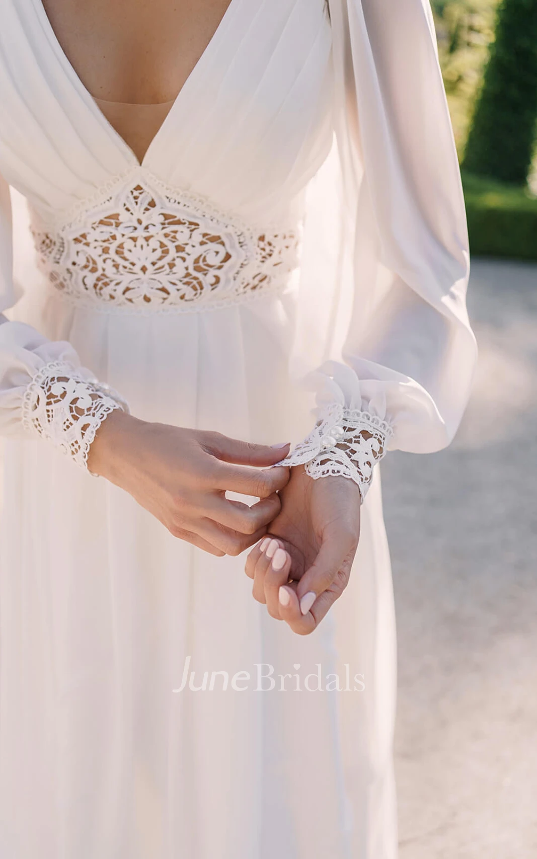 Flowy Boho Long Sleeve V-Neck Lace A-Line Chiffon Warm Wedding Dress with Zipper and Low-V Back
