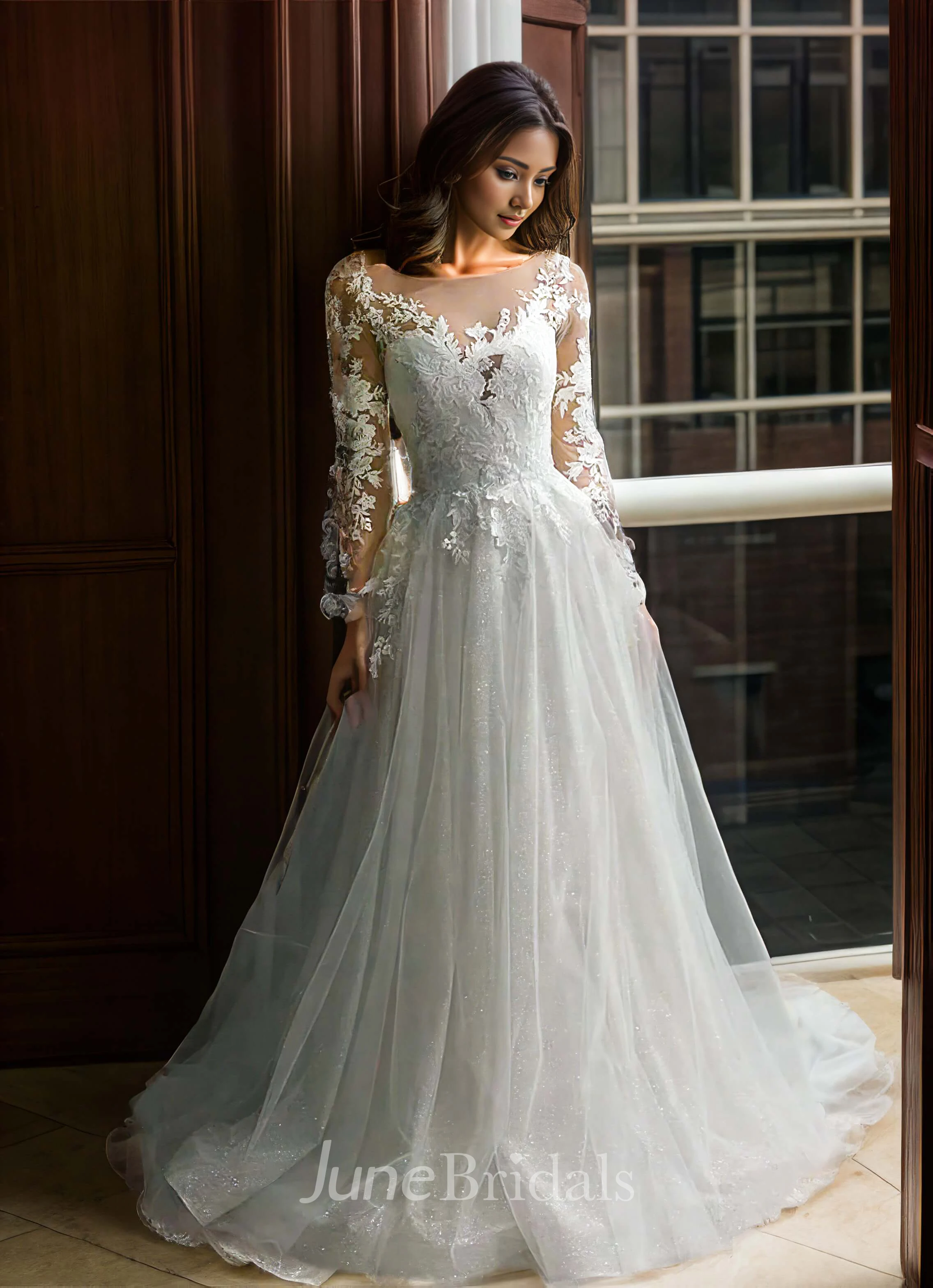 Lace V neck Elegant Ethereal A Line Fairy Wedding Dress with Court Train Long Sleeve Button Back June Bridals