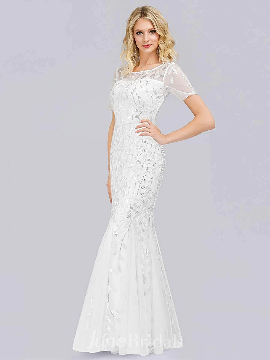 Vintage Mermaid/Trumpet Jewel Short Sleeve Prom Formal Dress with Pleats and Sequins