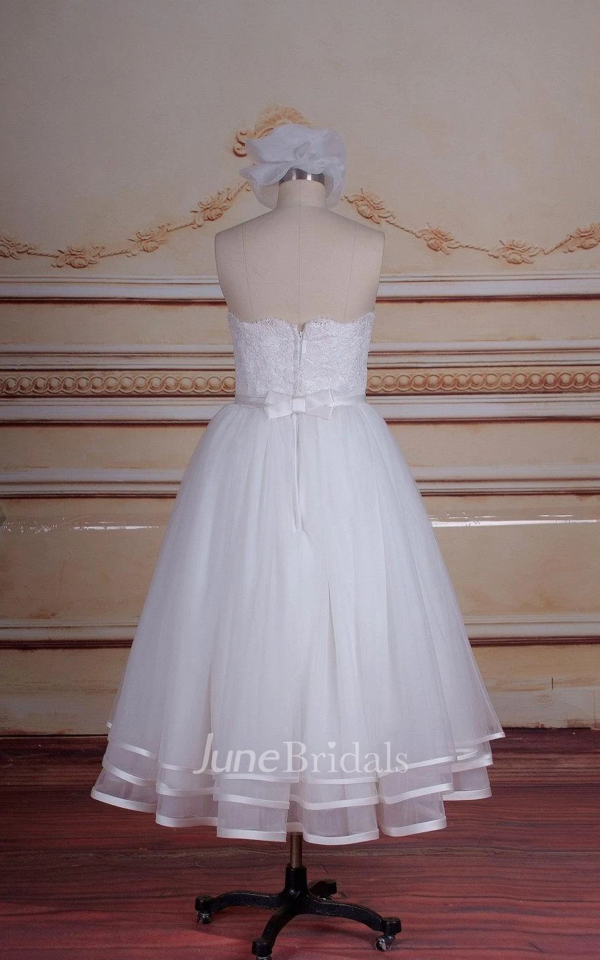 Short Tea-Length Strapped Tulle Lace Satin Weddig Dress