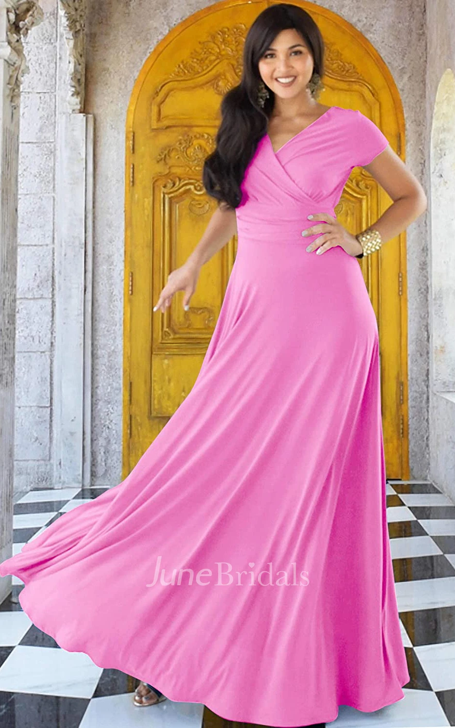 A Line V-neck Jersey Short Sleeve Prom Dress With Criss Cross and Pleats