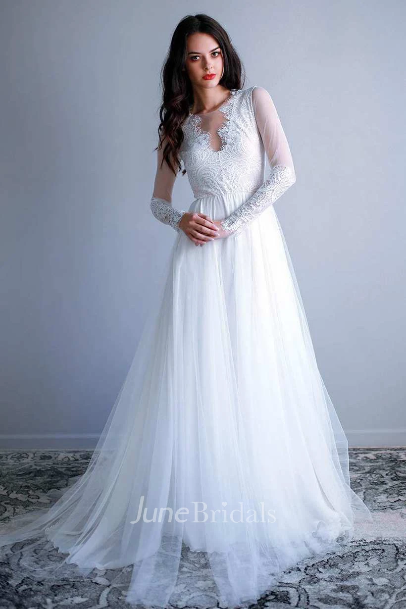 Illusion Scoop-Neck Long Sleeve Lace Tulle Wedding Dress With Pleats