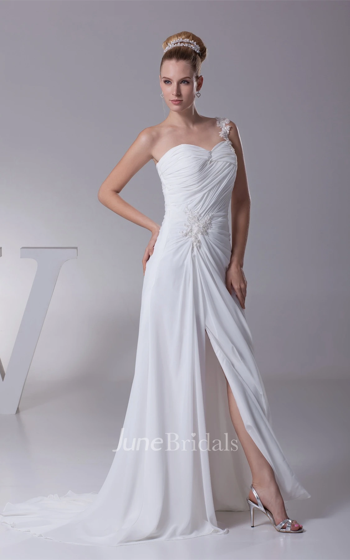 Sweetheart Ruched Front-Split Dress with Beading and Single Strap