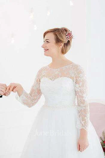 3-4 Length Sleeve Tulle Beaded Lace Wedding Dress