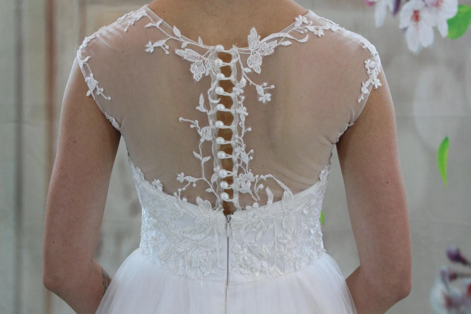 Illusion High Neck Cap Sleeve A-Line Tulle Wedding Dress With Lace Bodice