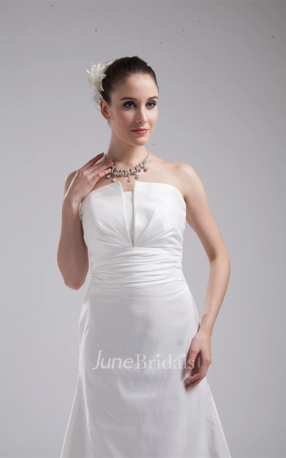 Strapless A-Line Gown with Ruched Waist and Court Train