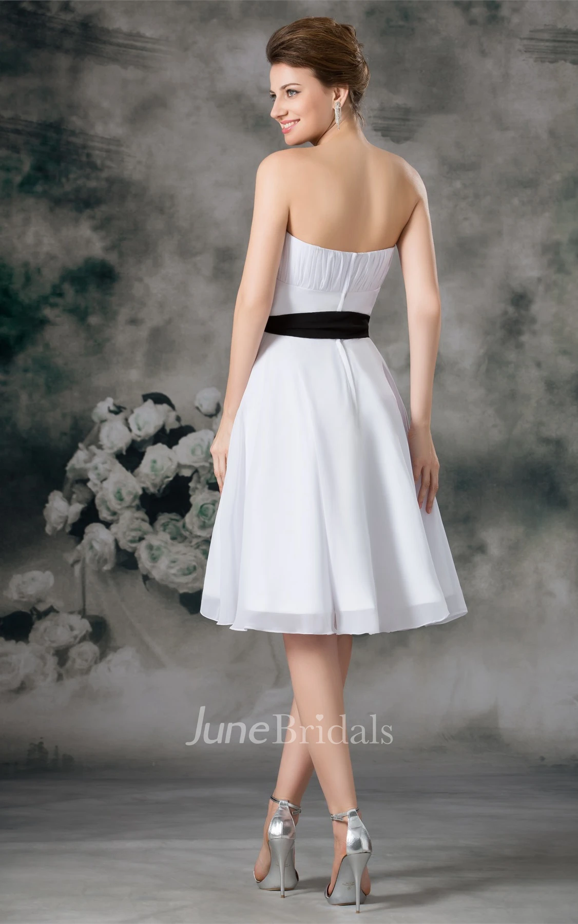 Strapless Chiffon Knee-Length Dress with Ruching and Ribbon