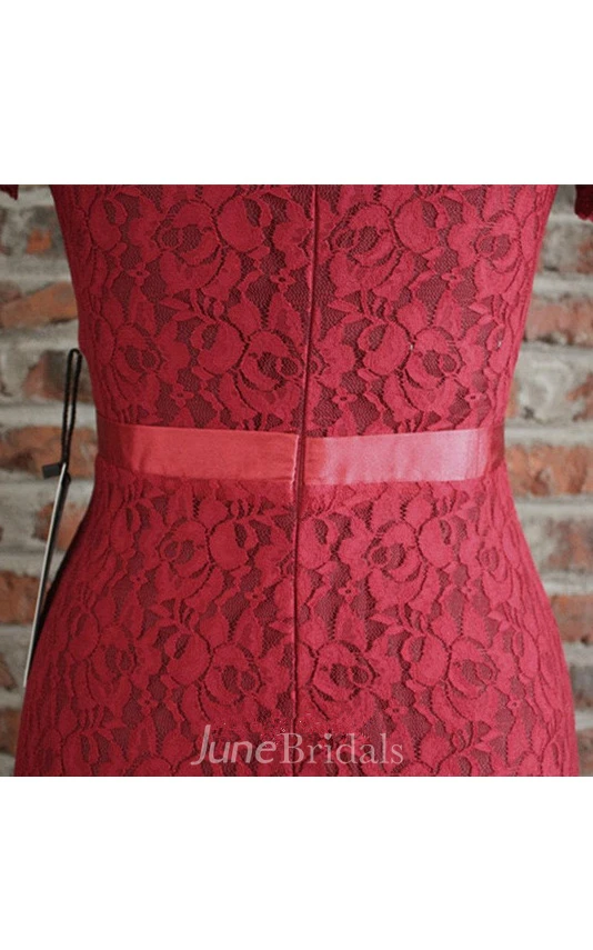 V Neck Lace Sneath Long Dress With Short Sleeves