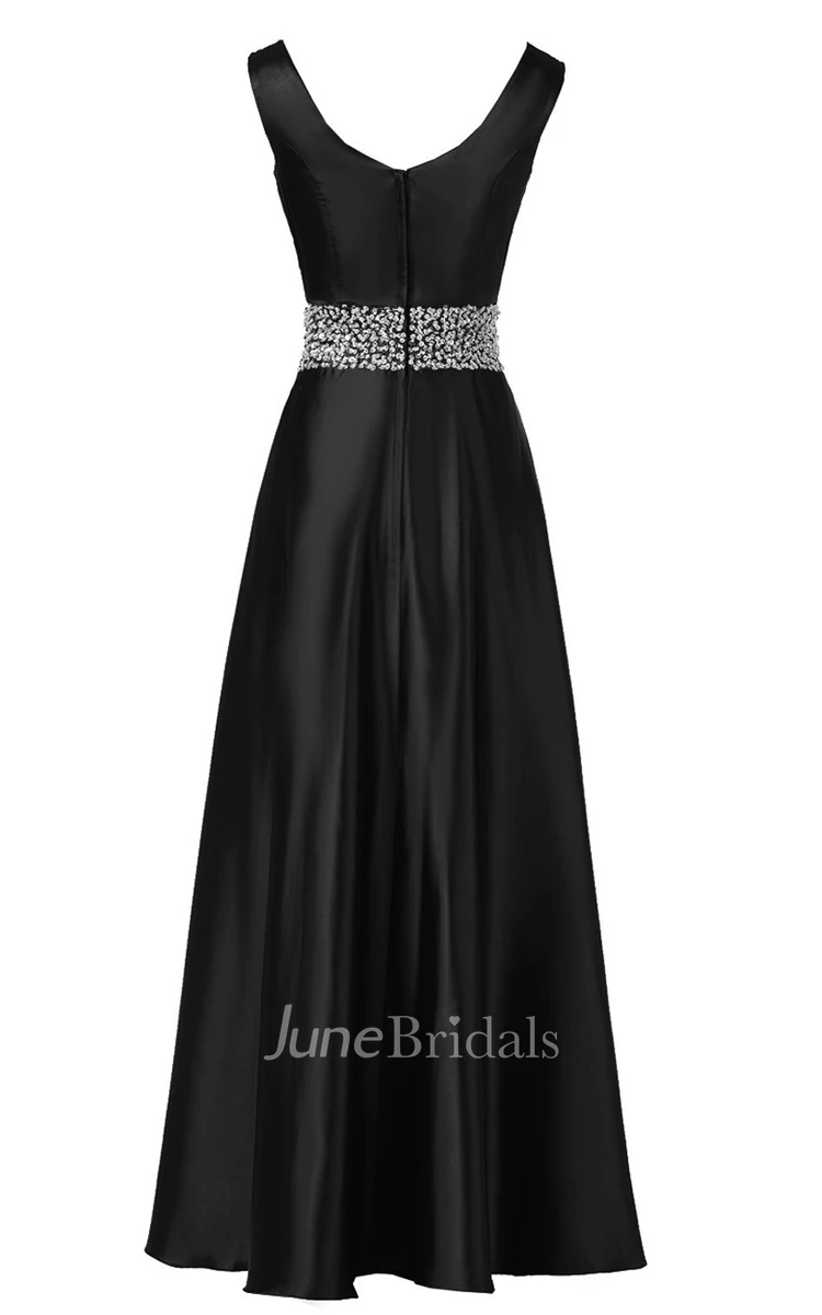 Sleeveless Pleated Satin Dress With Beading Belt and Trim