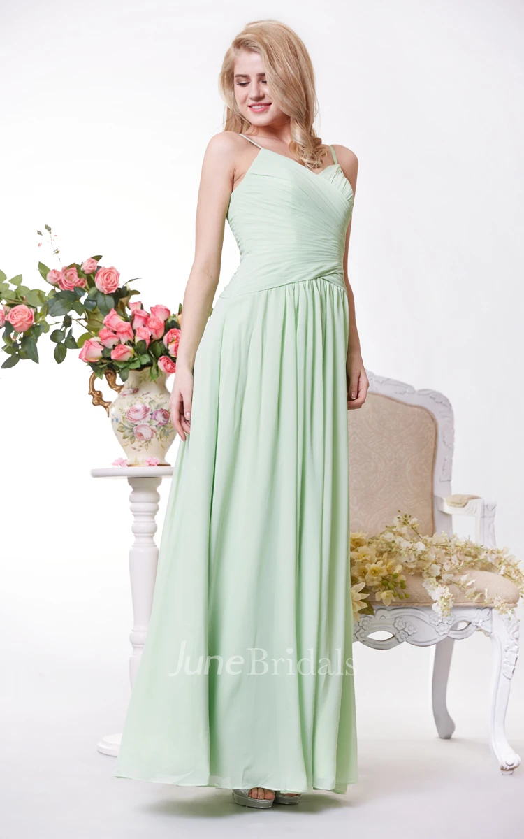 V-neck Chiffon A-line Gown Has Crisscross Ruched Bodice