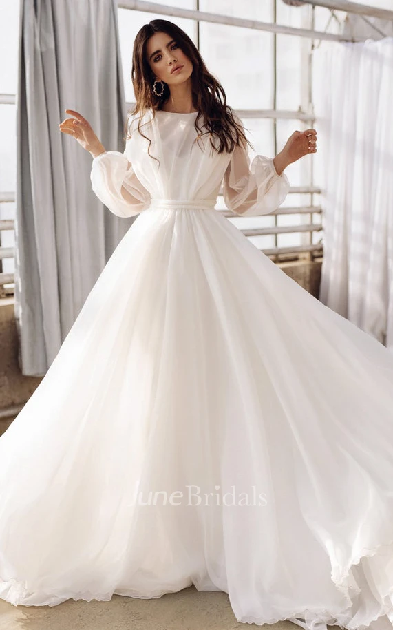 Casual A Line Floor-length Sweep Train Chiffon Bateau Long Sleeve Wedding  Dress - June Bridals