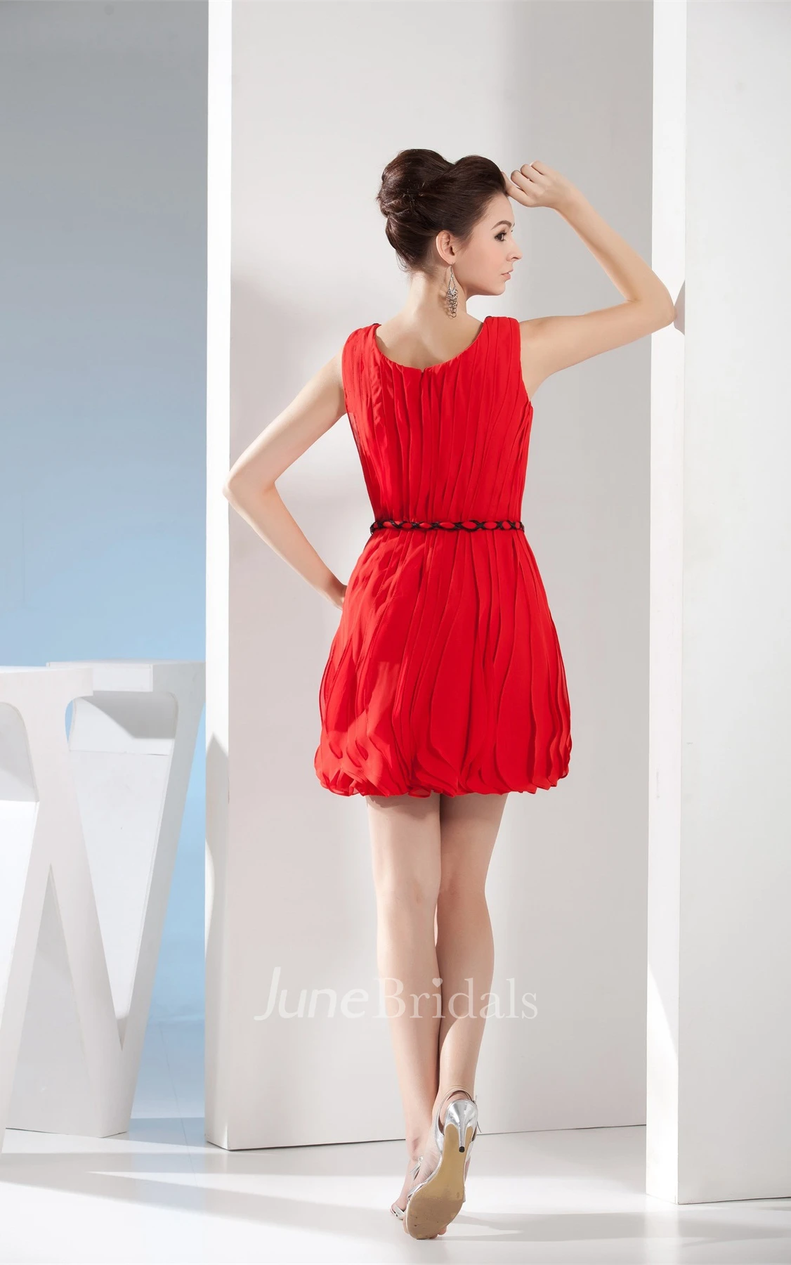 Sleeveless Ruched Mini Dress with Ribbon and Beading