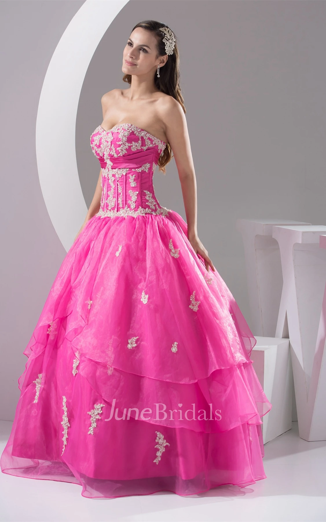 Sweetheart Pleated Ball Gown with Appliques and Ruched Bodice