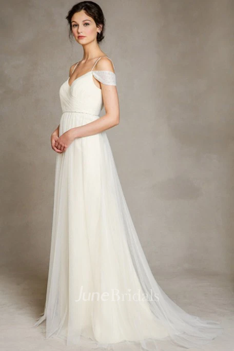 A-Line Jeweled Floor-Length Spaghetti Tulle Wedding Dress With Pleats