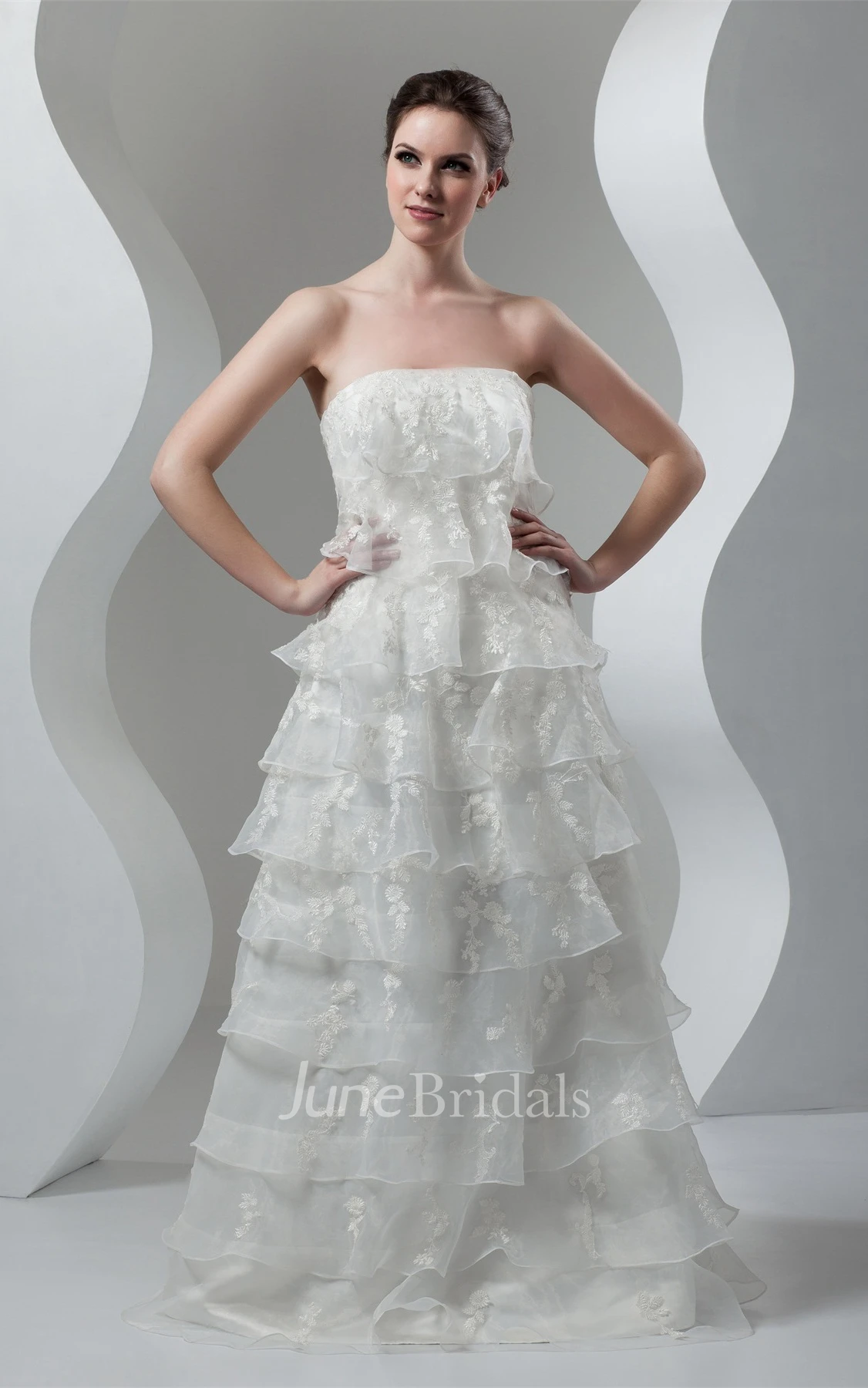 Strapless Tiered A-Line Gown with Appliques