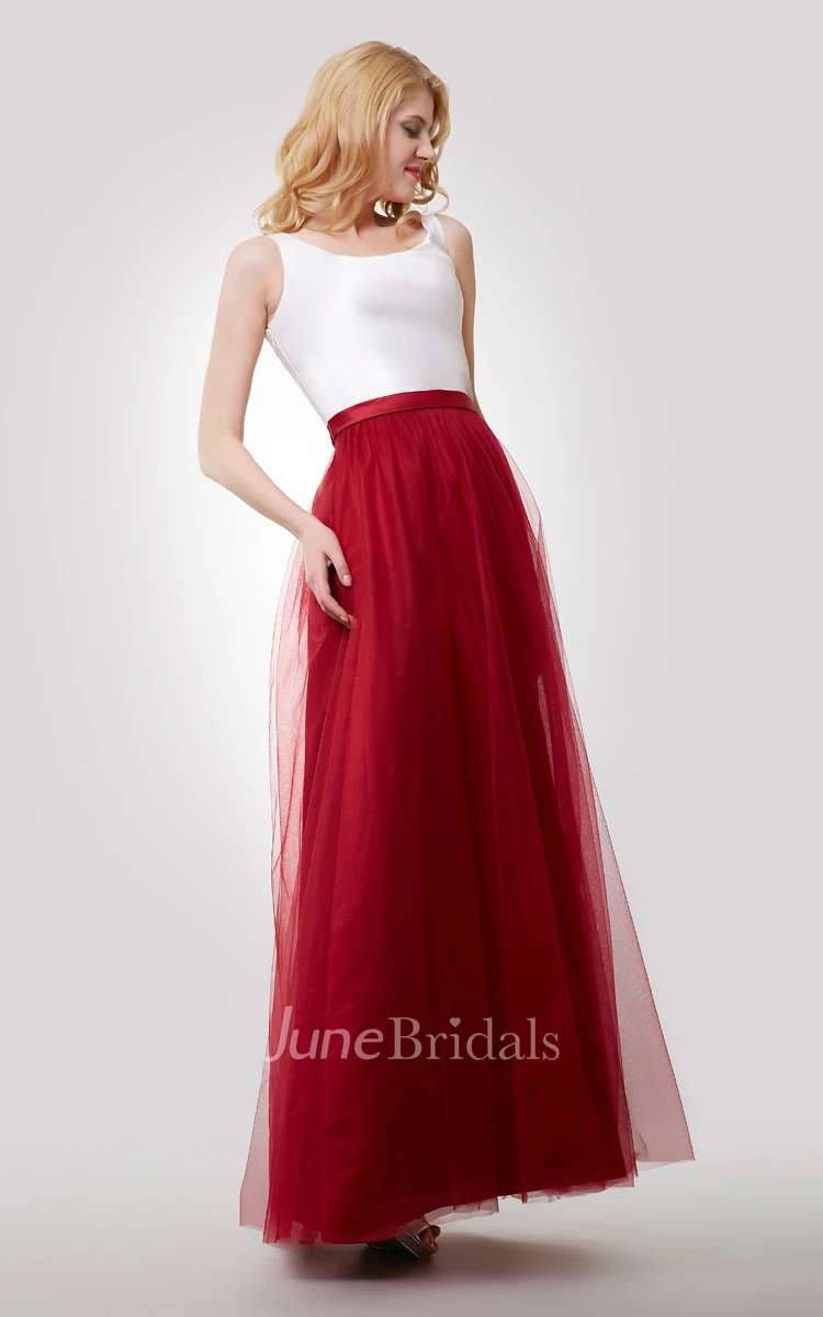 A-Line Sleeveless Color Blocking Dress With Tulle Skirt and Bateau Neck