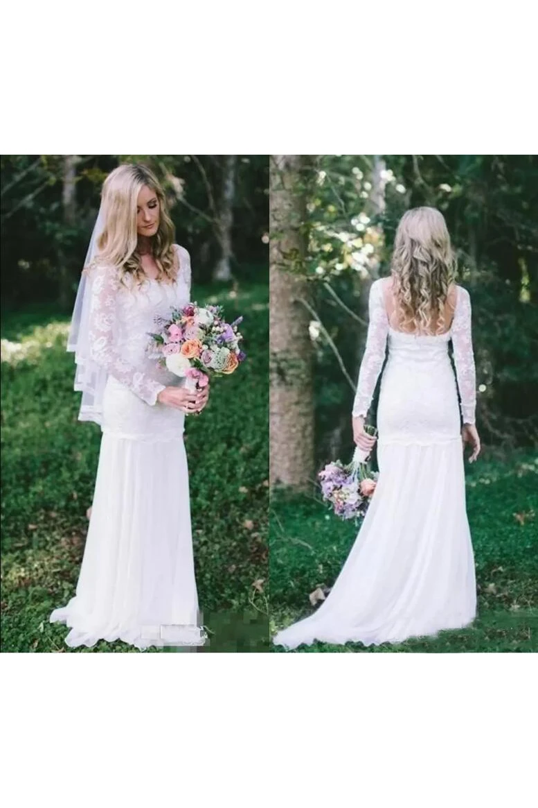 Country Bohemian Full Lace Sheer Long Sleeves Sweep Train Wedding Dress