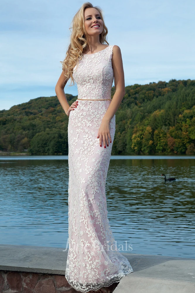 Pencil Maxi Sleeveless Appliqued Scoop Lace Prom Dress