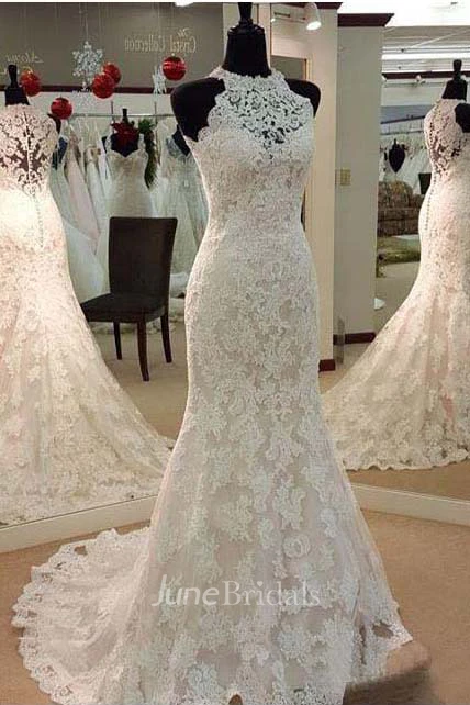 Vintage Illusion High Neck Sleeveless Full Lace Mermaid Wedding Dress June Bridals