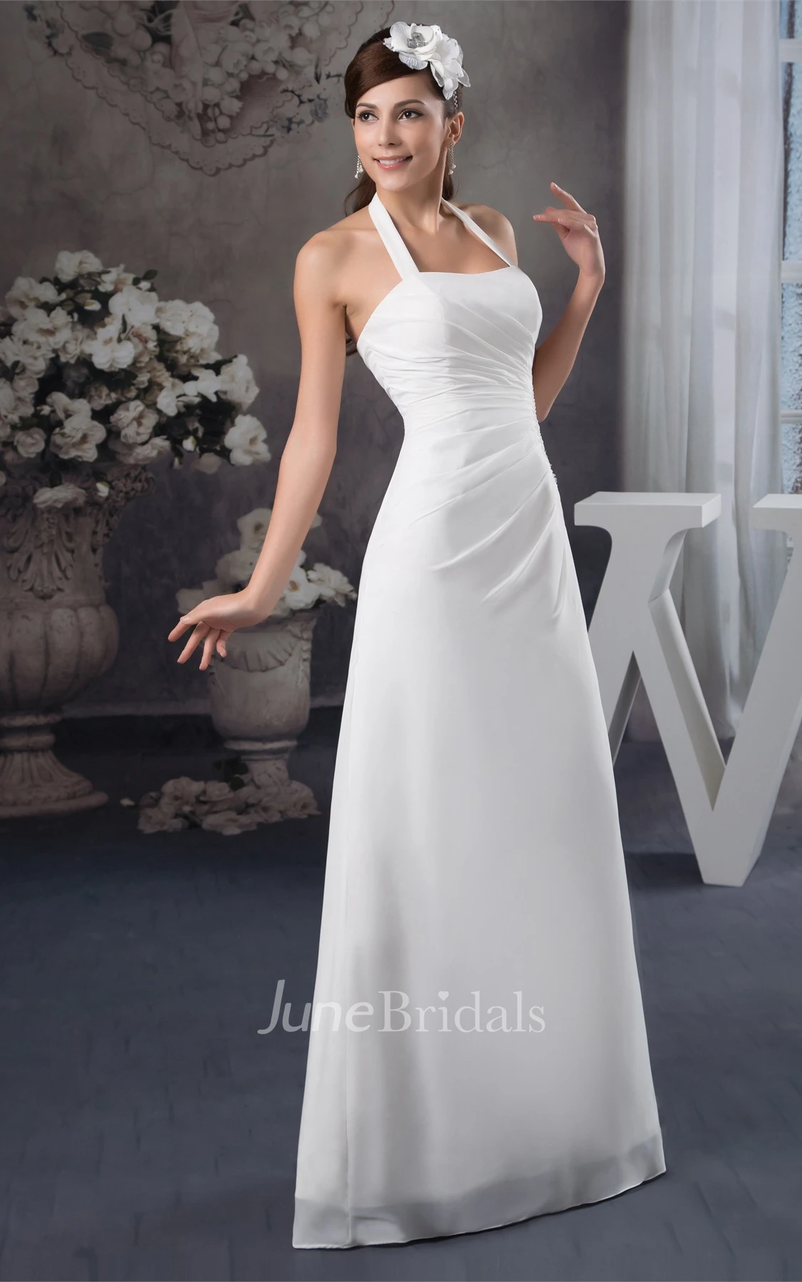 Chiffon Side-Draped A-Line Maxi Dress with Appliques and Halter