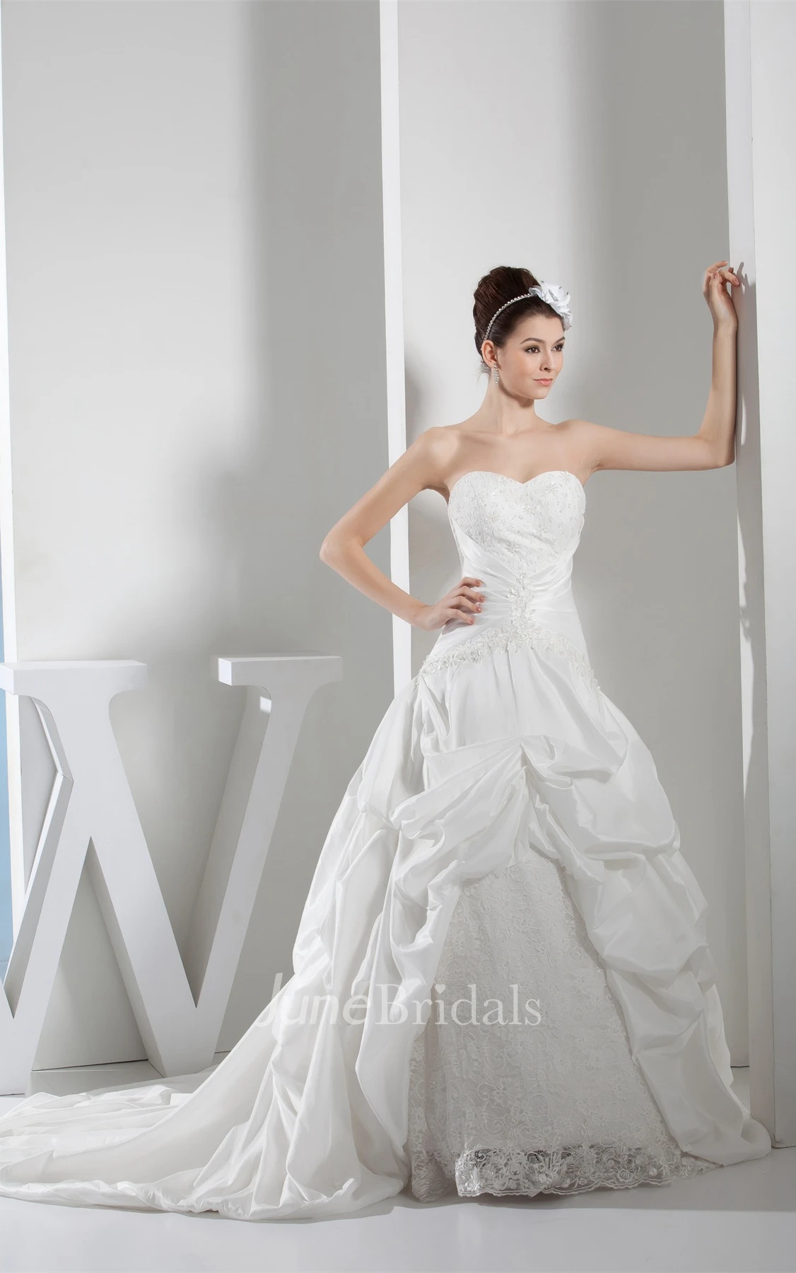 Sweetheart Pick-Up Appliqued Ball Gown with Ruching and Court Train