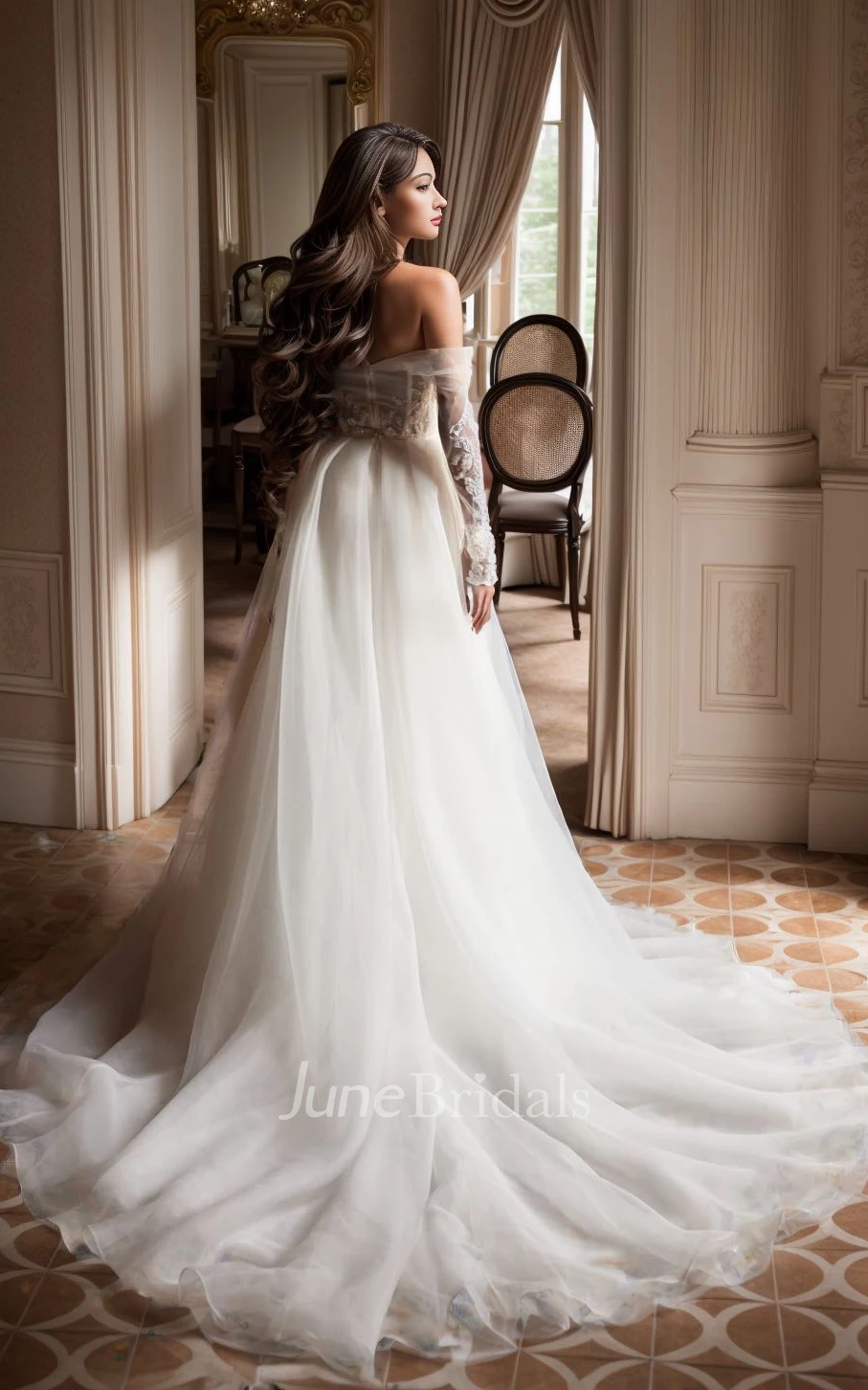 A-Line Off-the-shoulder Lace Chiffon Spring Wedding Dress Long Sleeve Appliques Open Back Bridal Gown with Train