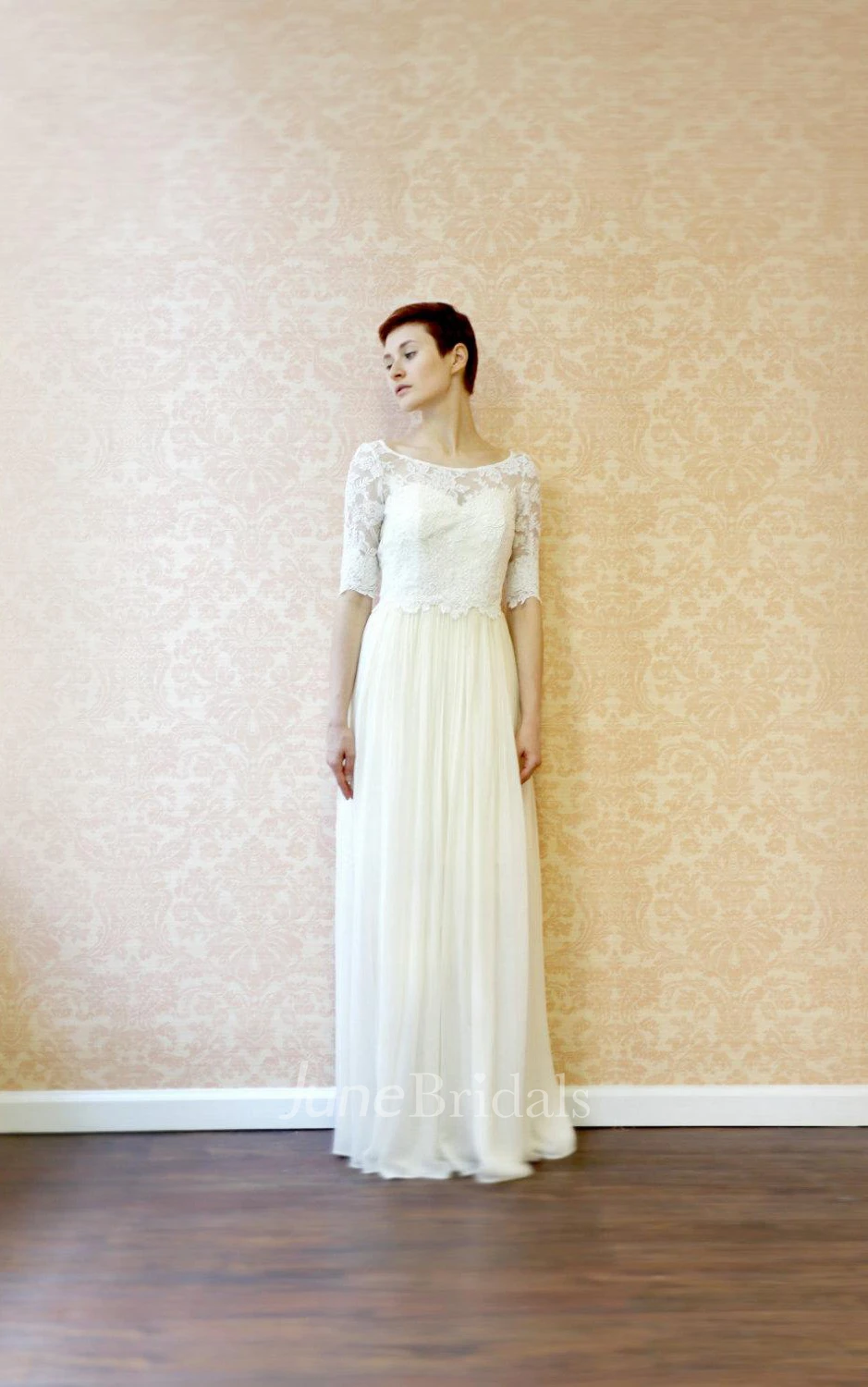 Modest Half Sleeves Button Back A-Line Chiffon Warm Wedding Dress With Lace And Pleats