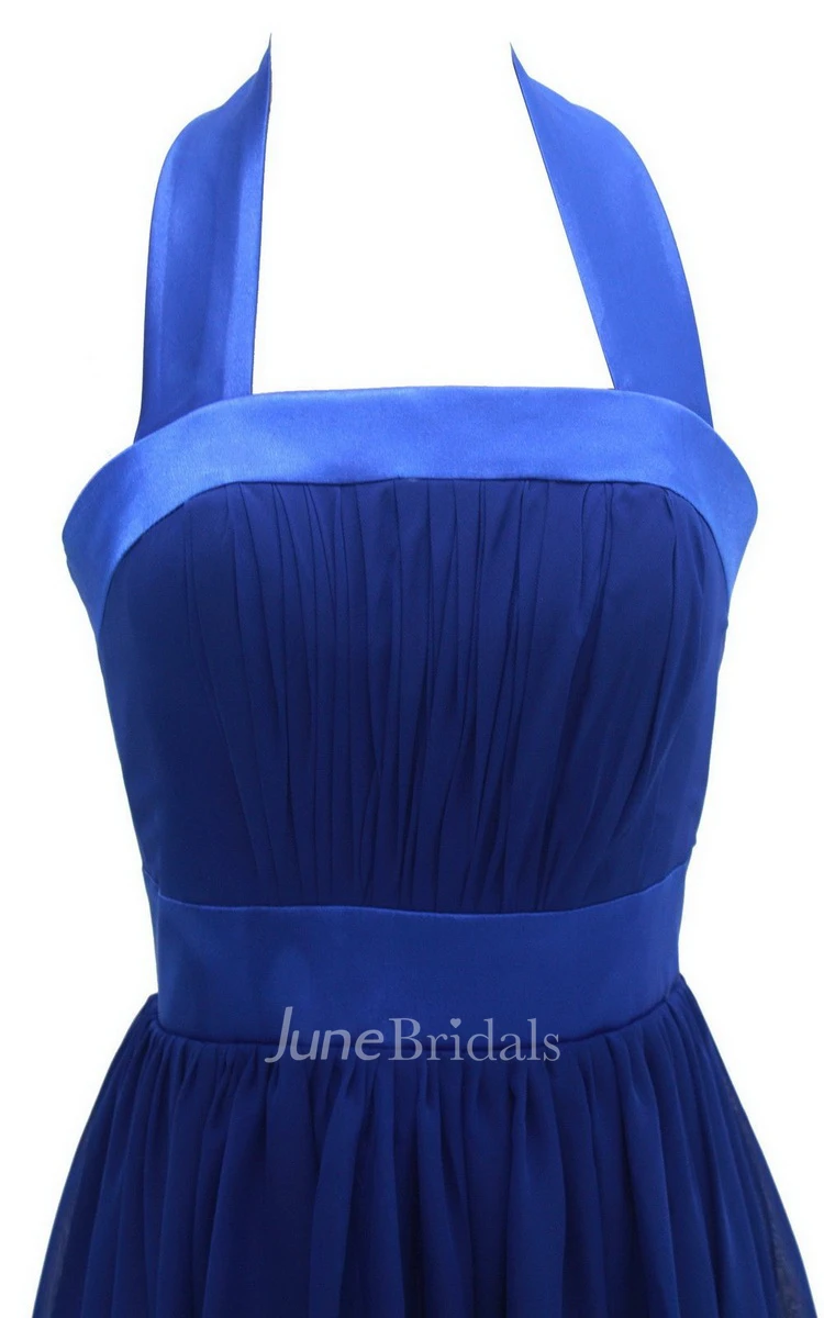 Halter Pleated Chiffon A-line Gown With Satin Band
